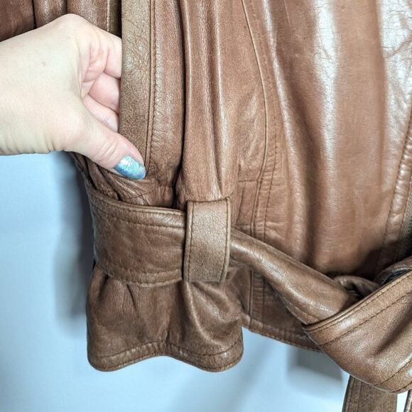 Wilsons Leather Adventure Bound Brown Leather Tie Waist Moto Jacket Pockets L - Picture 5 of 12